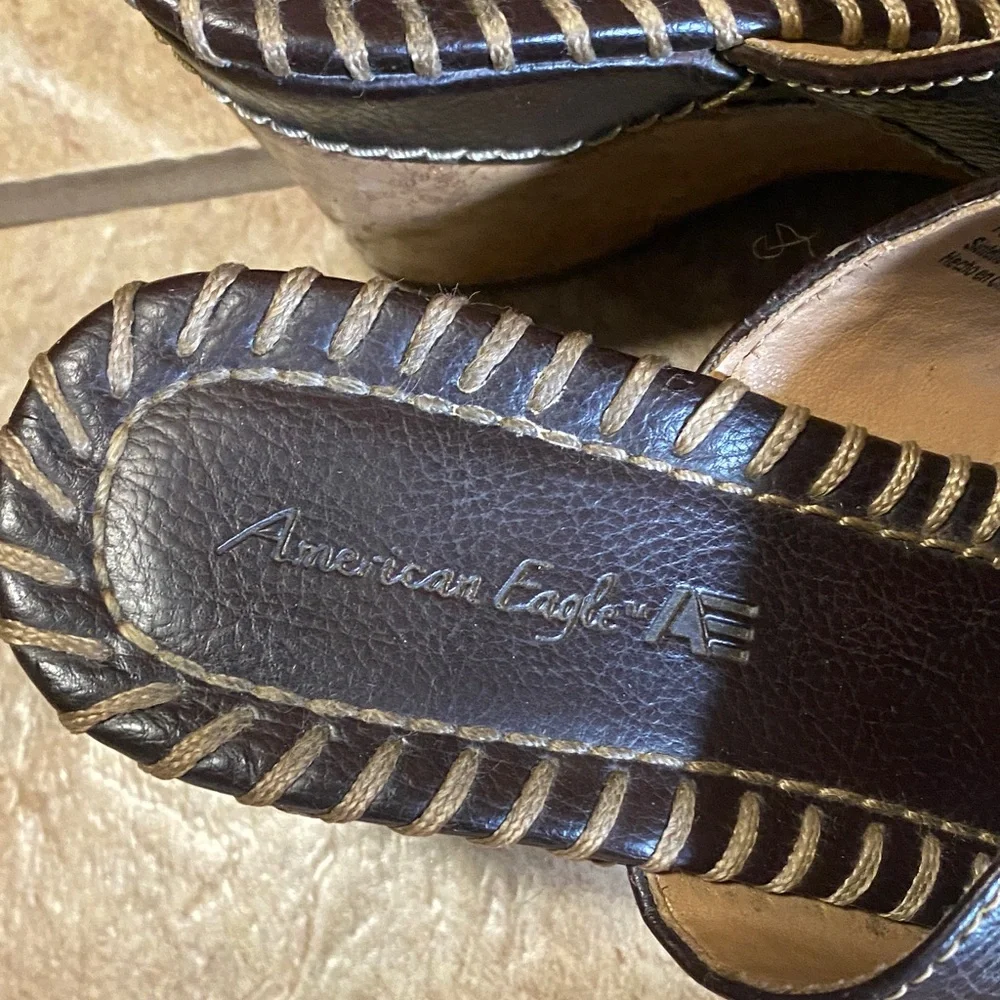 American Eagle Outfitters Brown Cork  Wedge Sandals Contrast Stitching 6 Summer